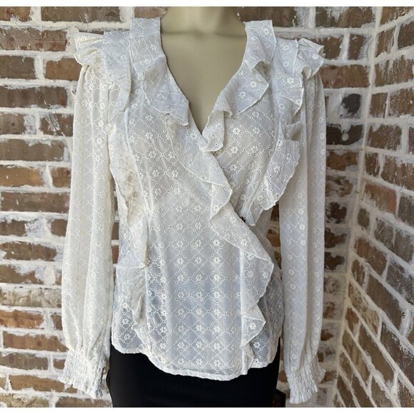 Anthropologie Maeve Laila Ruffled Eyelet Top Blouse Long Sleeve Cream‎ Size 2 - Picture 1 of 13